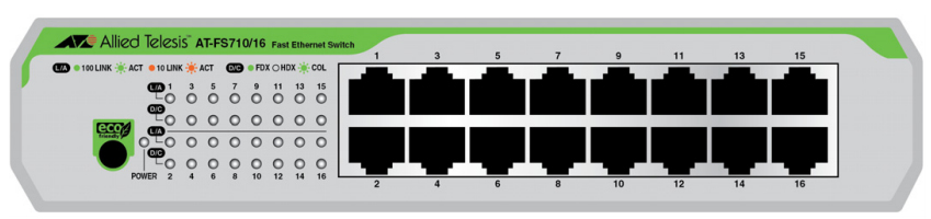 Allied Telesis AT-FS710/16-50 Unmanaged Fast Ethernet (10/100) 1U Groen, Grijs (AT-FS710/16-50) thumbnail