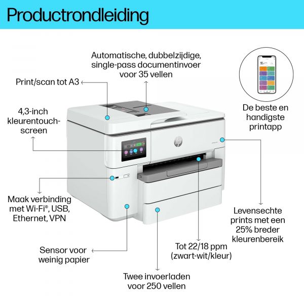 HP OfficeJet Pro HP 9730e Wide Format All-in-One printer, Kleur, Printer voor Kleine kantoren, Printen, kopiëren, scannen, HP+; geschikt voor HP Instant Ink; draadloos; dubbelzijdig printen; printen vanaf telefoon of tablet; automatische documentinvoer; U