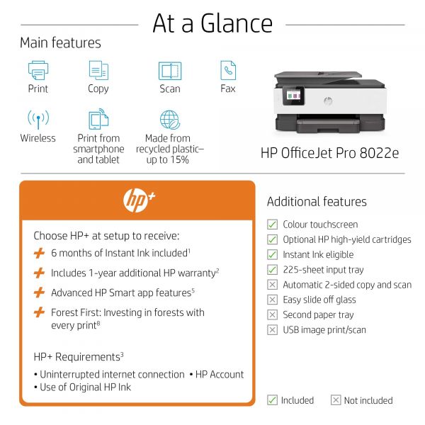 HP OfficeJet Pro HP 8022e All-in-One-printer, Kleur, Printer voor Home, Printen, kopiëren, scannen, faxen, HP+; Geschikt voor HP Instant Ink; Automatische documentinvoer; Dubbelzijdig afdrukken