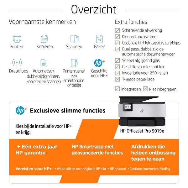 HP OfficeJet Pro HP 9019e All-in-One-printer, Kleur, Printer voor Kleine kantoren, Printen, kopiëren, scannen, faxen, HP+; Geschikt voor HP Instant Ink; Automatische documentinvoer; Dubbelzijdig printen