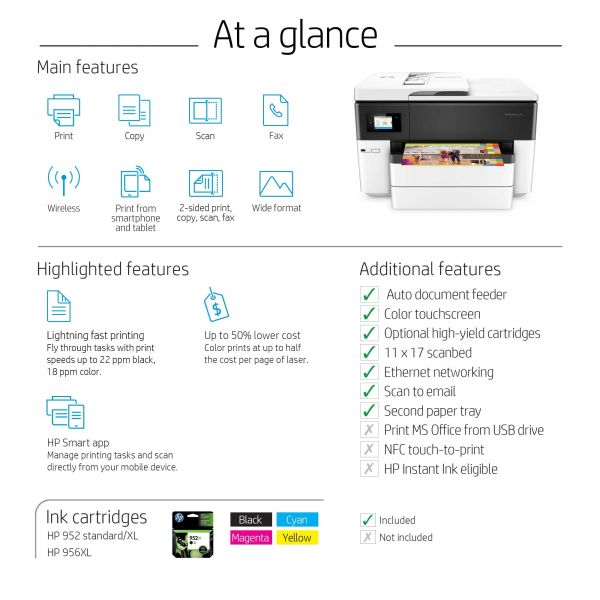 HP OfficeJet Pro 7740 breedformaat All-in-One printer, Printen, kopiëren, scannen, faxen, Invoer voor 35 vel; Scan naar e-mail