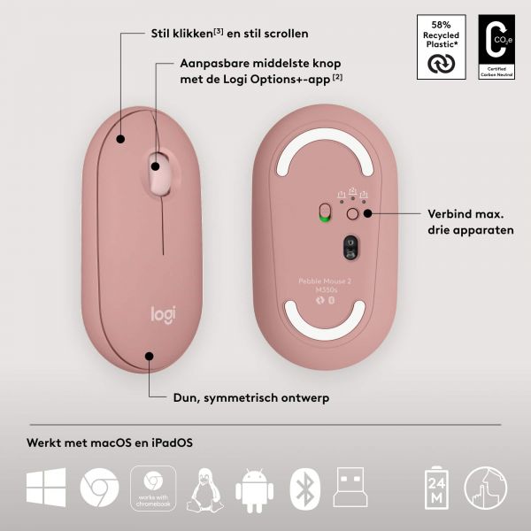 Logitech Pebble 2 Combo toetsenbord Inclusief muis RF-draadloos + Bluetooth QWERTY US International Roze