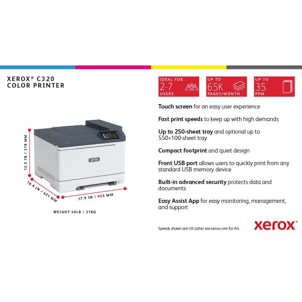 Xerox C320 A4 33 ppm draadloze dubbelzijdige printer PS3 PCL5e6/6 2 laden totaal 251 vel