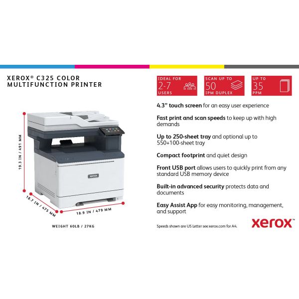 Xerox C320 A4 33 ppm draadloze dubbelzijdige printer PS3 PCL5e6/6 2 laden totaal 251 vel