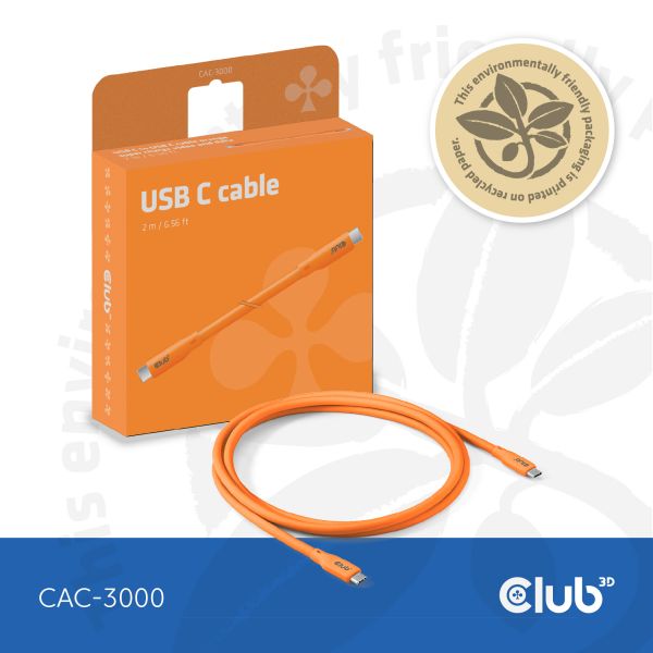 CLUB3D USB C oplaadkabel oranje siliconen & tangle-free