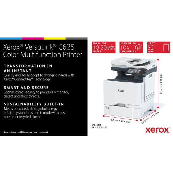 Xerox VersaLink C625 A4 50 ppm dubbelzijdig kopiëren en printen, scannen en faxen, geschikt voor PS3 PCL5e/6 2 laden voor max. 650 vel