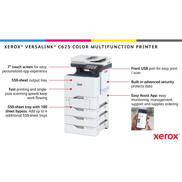 Xerox VersaLink C625 A4 50 ppm dubbelzijdig kopiëren en printen, scannen en faxen, geschikt voor PS3 PCL5e/6 2 laden voor max. 650 vel