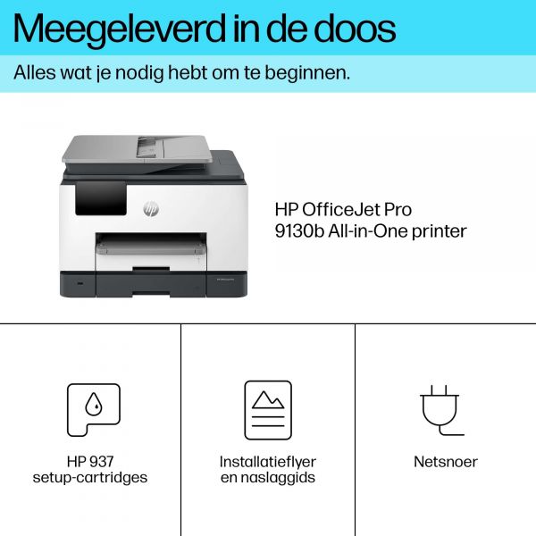 HP OfficeJet Pro 9130b All-in-One printer, Kleur, Printer voor Kleine en middelgrote ondernemingen, Printen, kopiëren, scannen, faxen, Draadloos; Printen vanaf telefoon of tablet; Automatische documentinvoer; Dubbelzijdig printen; Dubbelzijdig scannen; Sc