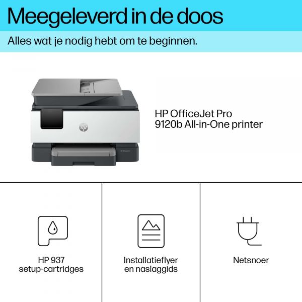 HP OfficeJet Pro 9120b All-in-One printer, Kleur, Printer voor Thuis en thuiskantoor, Printen, kopiëren, scannen, faxen, Draadloos; Dubbelzijdig printen; Dubbelzijdig scannen; Scannen naar e-mail; Scannen naar pdf; Faxen; USB-poort voorzijde; Touchscreen;