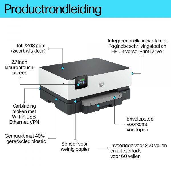 HP OfficeJet Pro 9110b printer, Kleur, Printer voor Thuis en thuiskantoor, Print, Draadloos; Dubbelzijdig printen; Printen vanaf telefoon of tablet; Touchscreen; USB-poort voorzijde