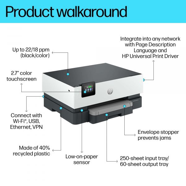 HP OfficeJet Pro 9110b printer, Kleur, Printer voor Thuis en thuiskantoor, Print, Draadloos; Dubbelzijdig printen; Printen vanaf telefoon of tablet; Touchscreen; USB-poort voorzijde