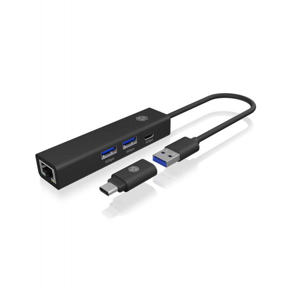 ICY BOX IB-HUB1439-LAN Bedraad USB 3.2 Gen 1 (3.1 Gen 1) Type-A Zwart